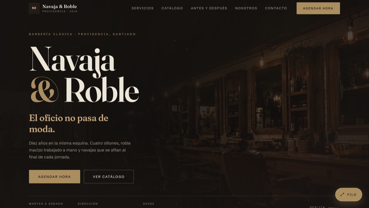 Portada de la página demostrativa de la barbería Navaja & Roble