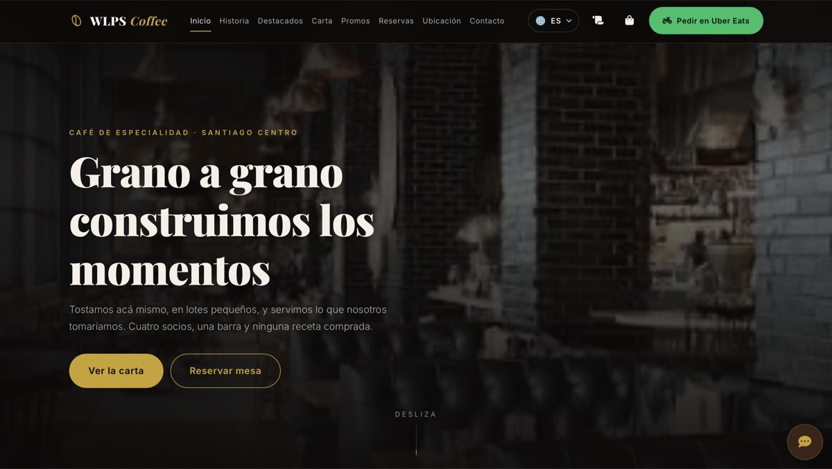 Portada de la página demostrativa de la cafetería WLPS Coffee